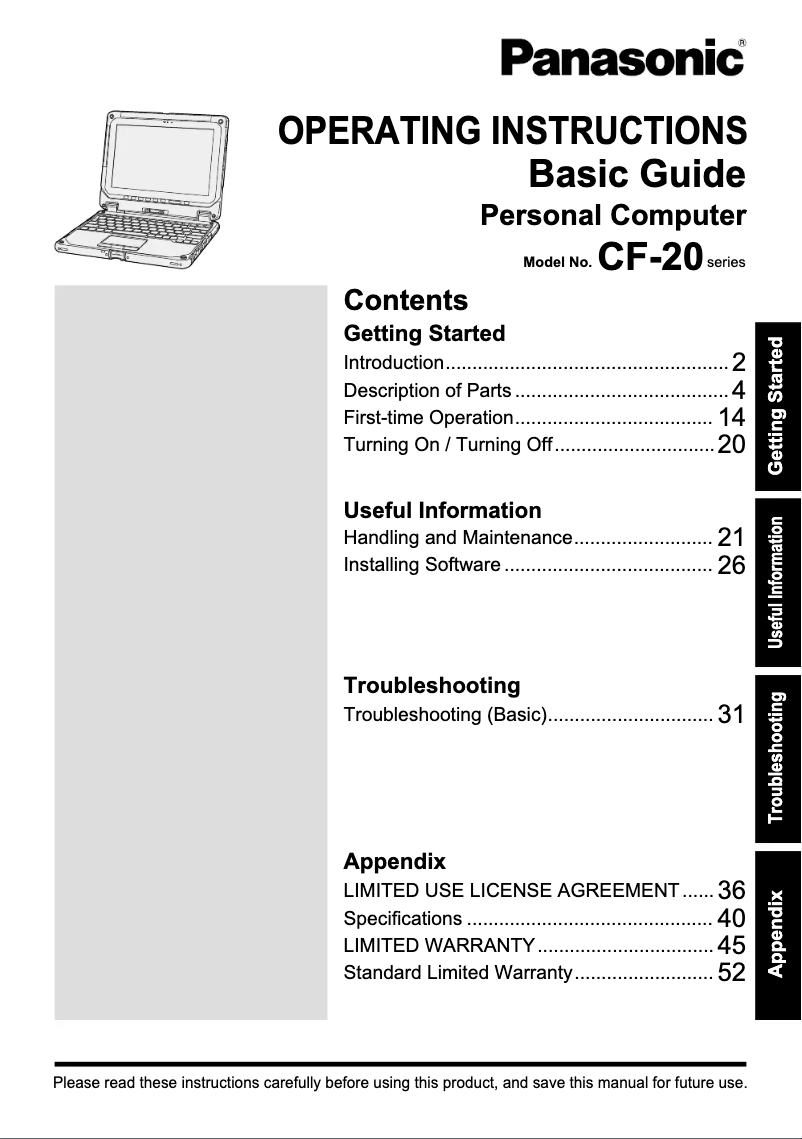 First page image of the manual for Toughbook 20