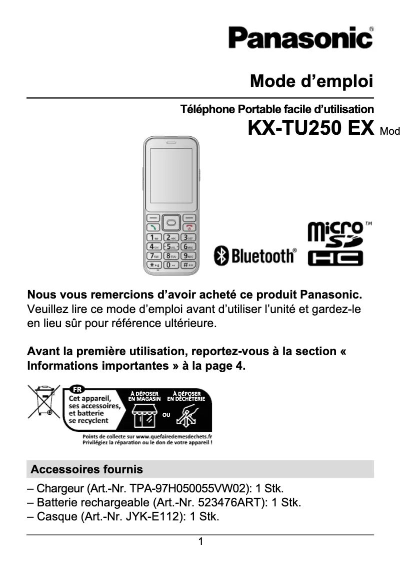 First page image of the manual for KX-TU250 EX