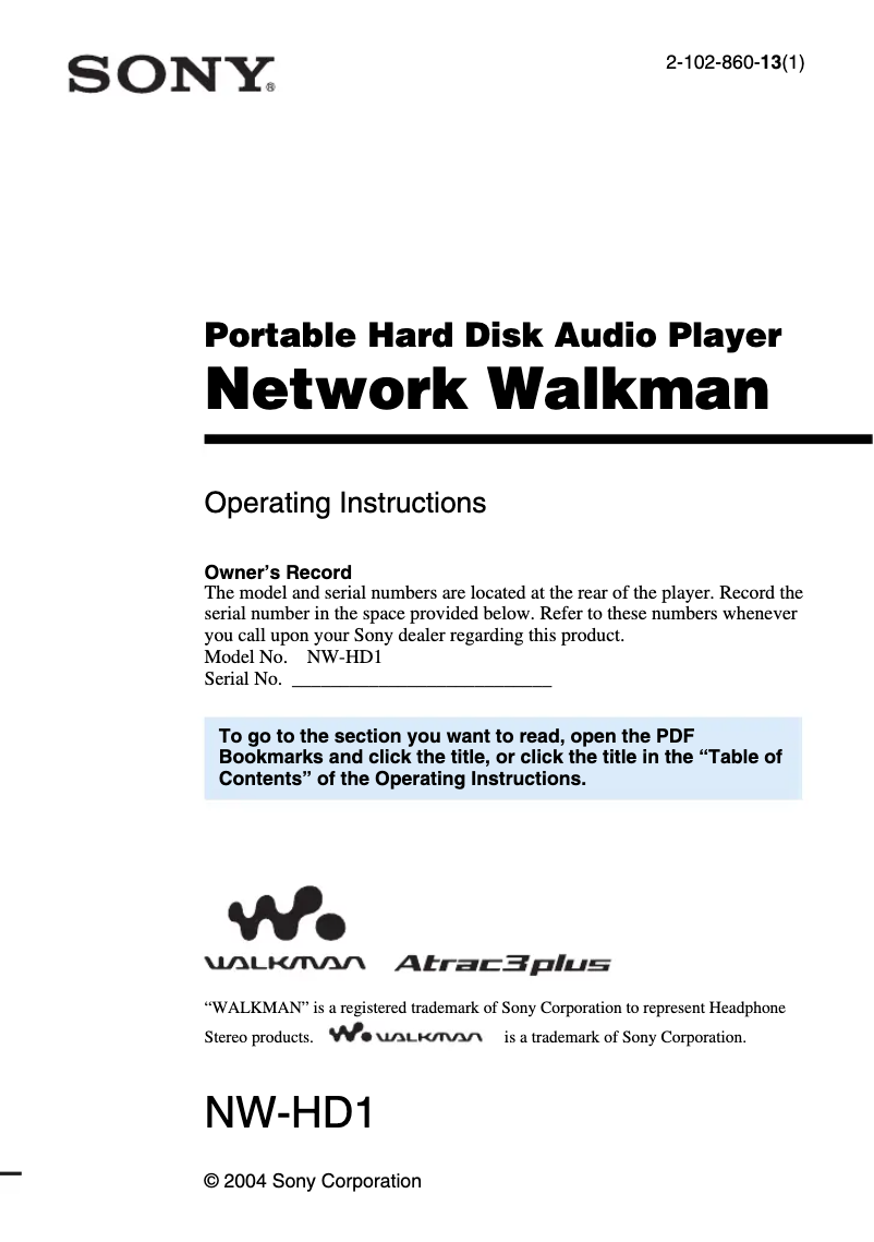 Page 1 of the manual User Manual Sony Walkman NW-HD1