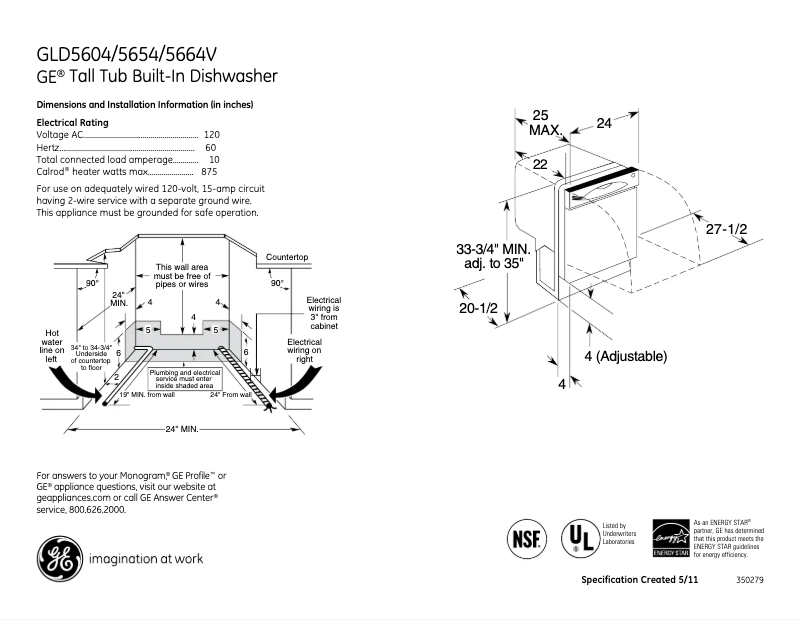 Page 1 of the manual Technical Sheet GE GLD5604VBB