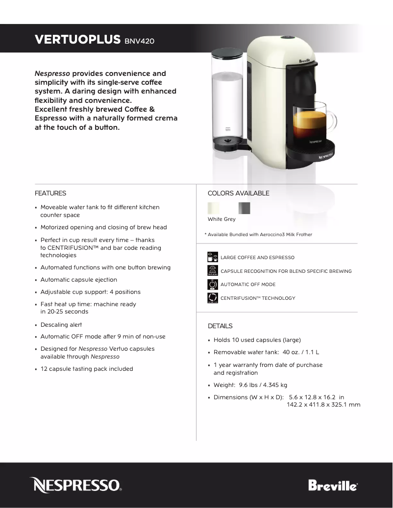 Page 1 of the manual Technical Sheet Breville Nespresso VertuoPlus