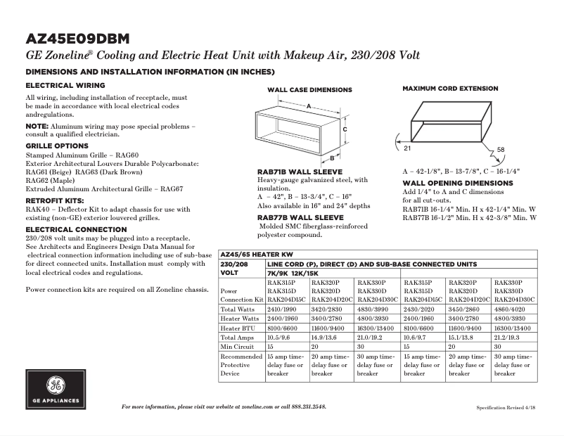 Page 1 of the manual Technical Sheet GE AZ45E09DBM