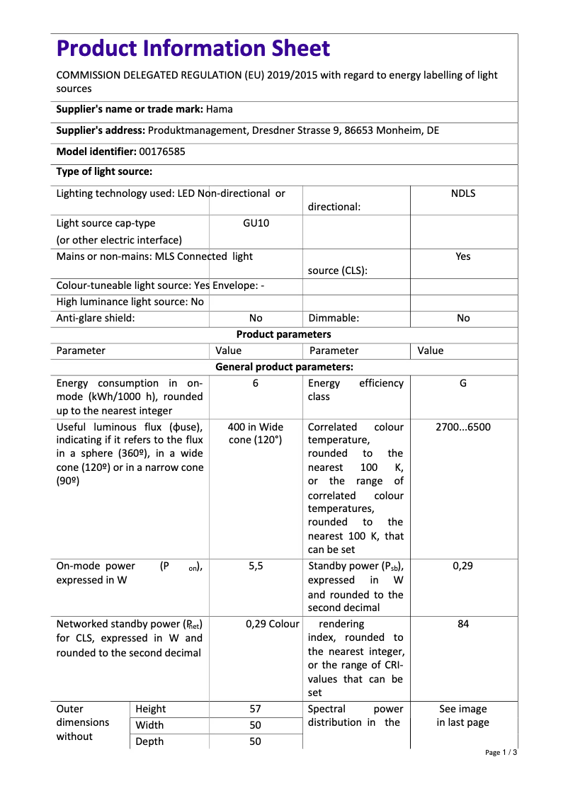 Page 1 de la notice Fiche technique Hama 00176585