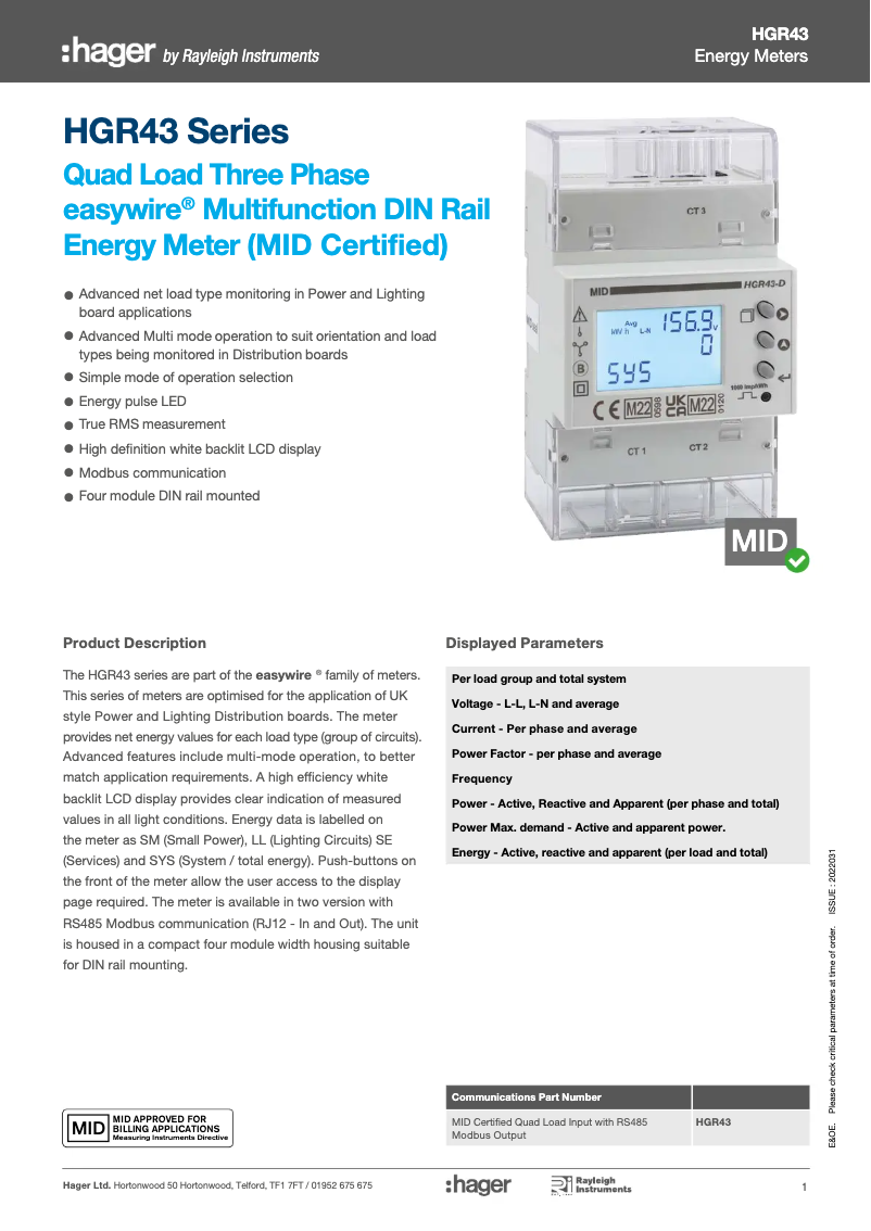 Page 1 of the manual Technical Sheet Hager JKD186TM