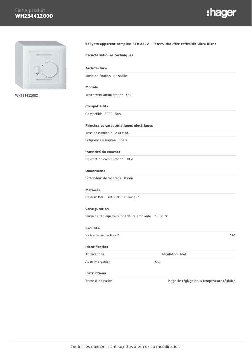 Page 1 of the manual Technical Sheet Hager WH23441200Q
