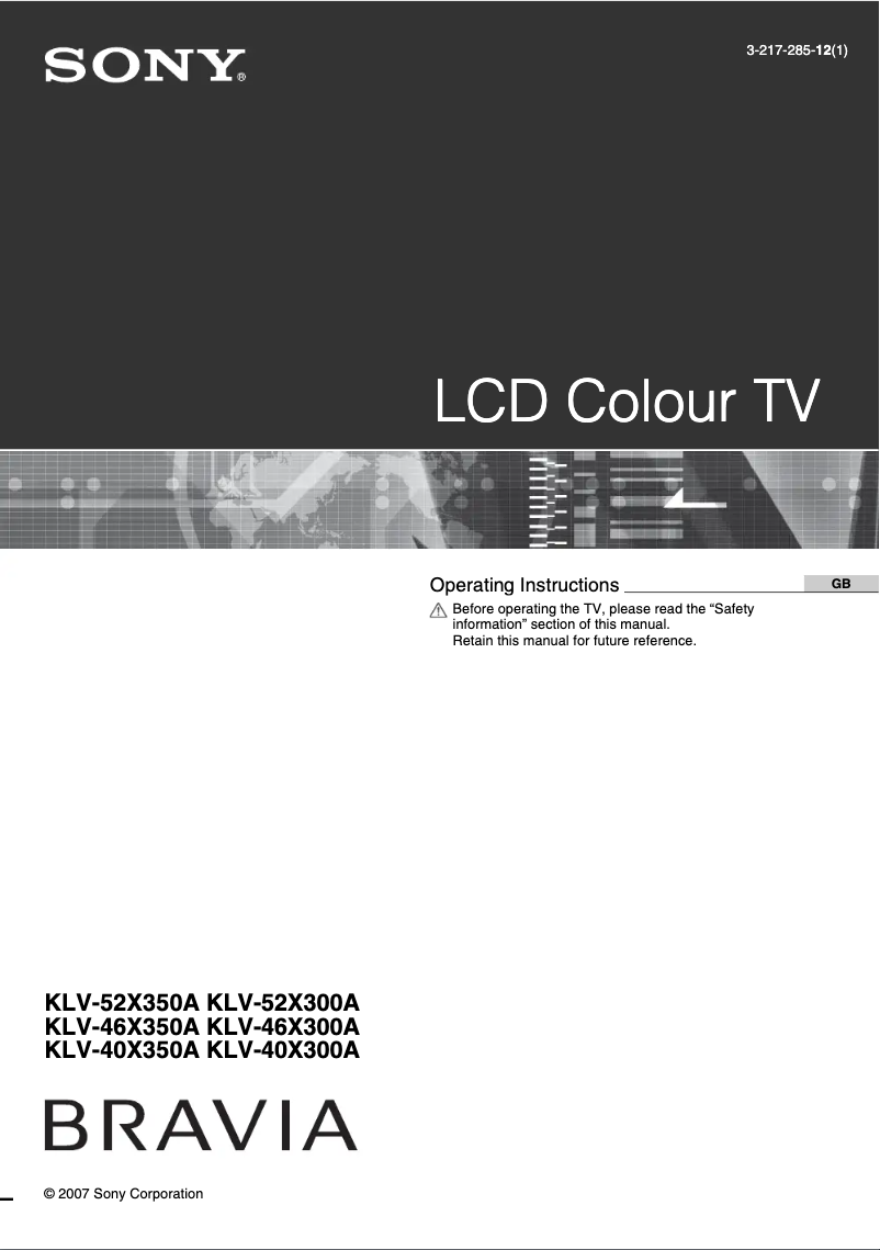 First page image of the manual for Bravia KLV-40X300A