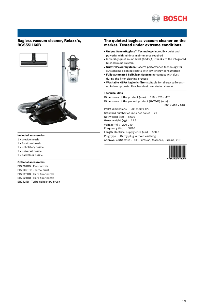 Page 1 of the manual Technical Sheet Bosch Relaxx'x ProSilence 66 BGS5SIL66B