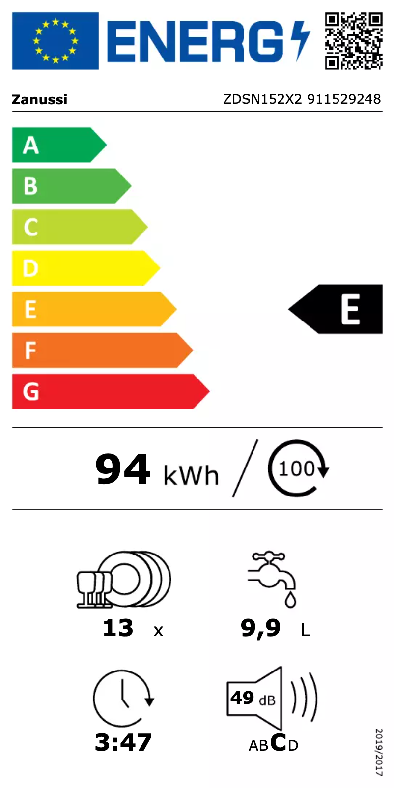 Page 1 of the manual Energy Label Zanussi ZDSN152X2