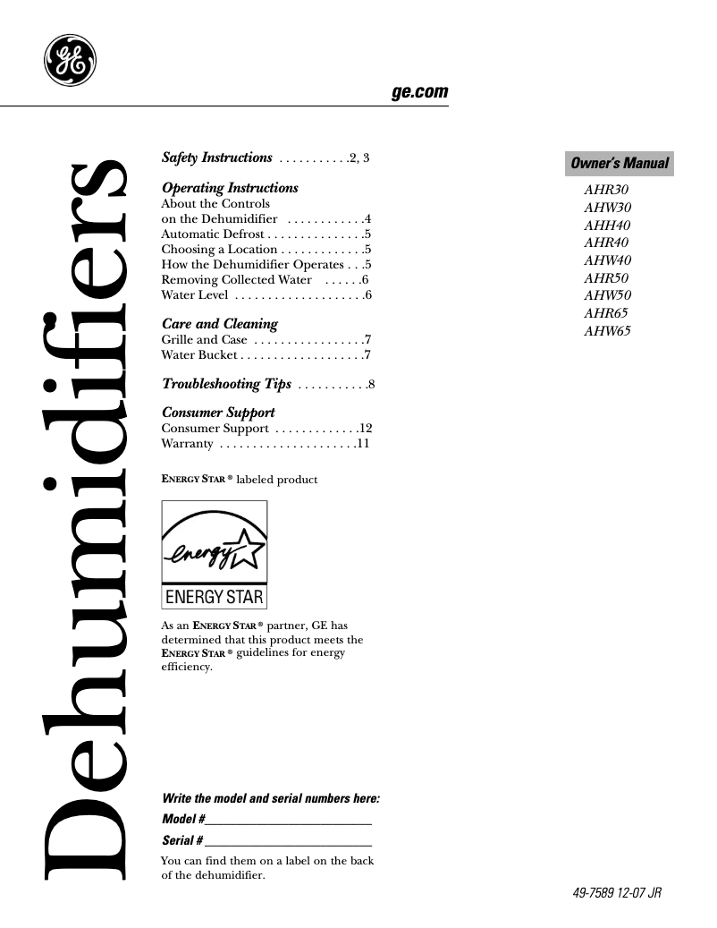 Page 1 of the manual User Manual GE AHW30LL