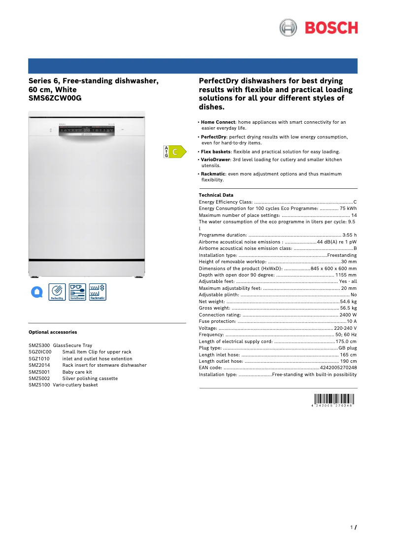 Page 1 of the manual Technical Sheet Bosch SMS6ZCW00G