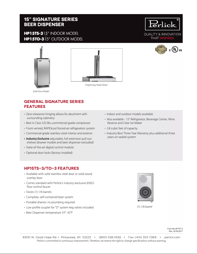Page 1 of the manual Technical Sheet Perlick Signature Series HP15TS-3-1R