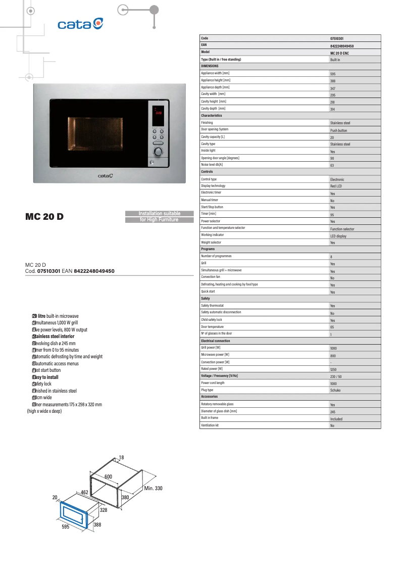 Page 1 of the manual Technical Sheet CATA MC 20 D
