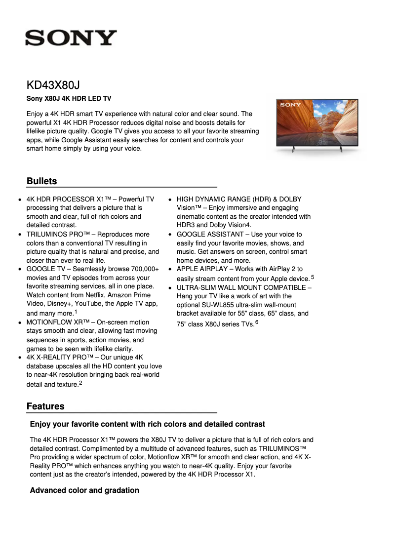 First page image of the manual for Bravia KD-43X80J