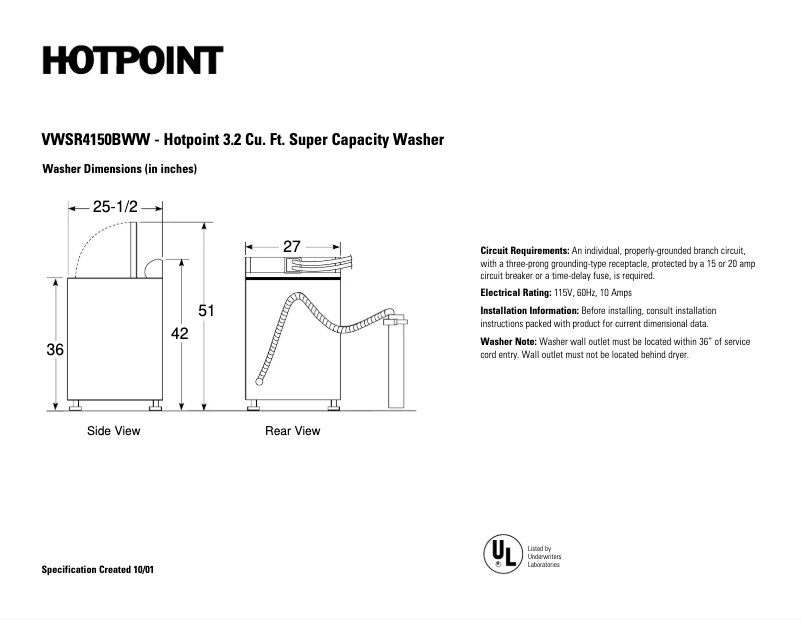Page 1 of the manual Technical Sheet Hotpoint VWSR4150BWW