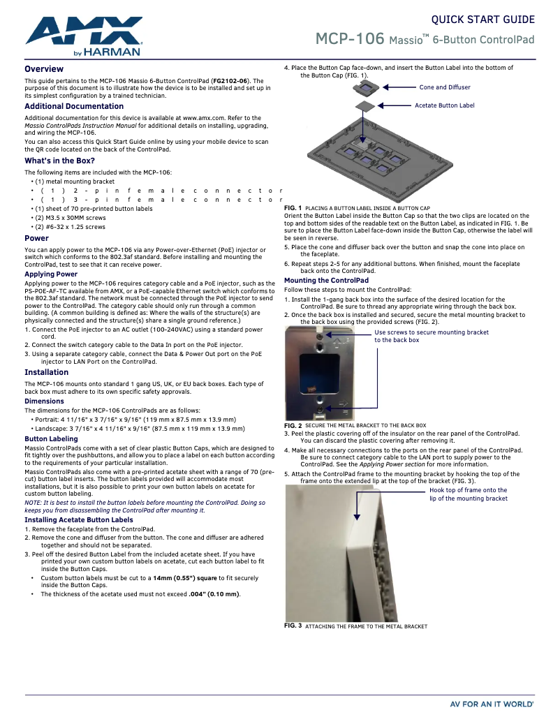 Page 1 of the manual Quick Start Guide AMX MCP-106