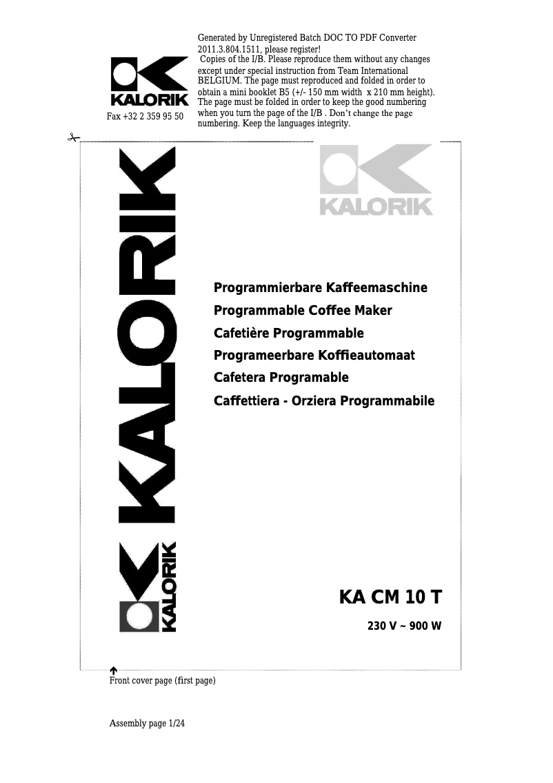 First page image of the manual for KA CM 10 T