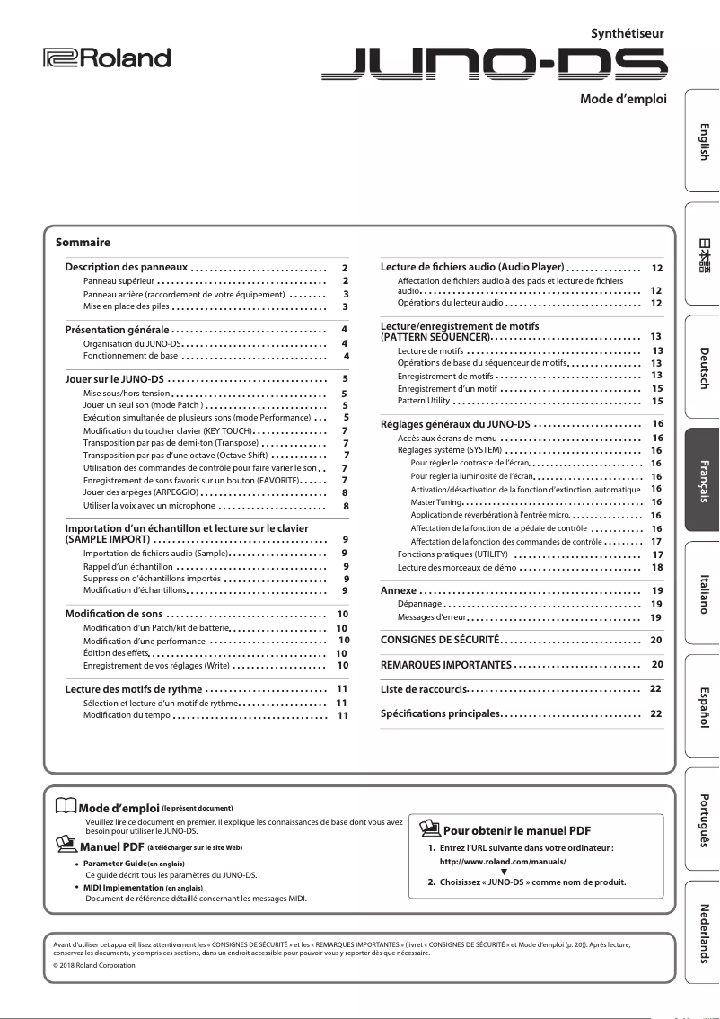 Page 1 of the manual User Manual Roland Juno-DS 76