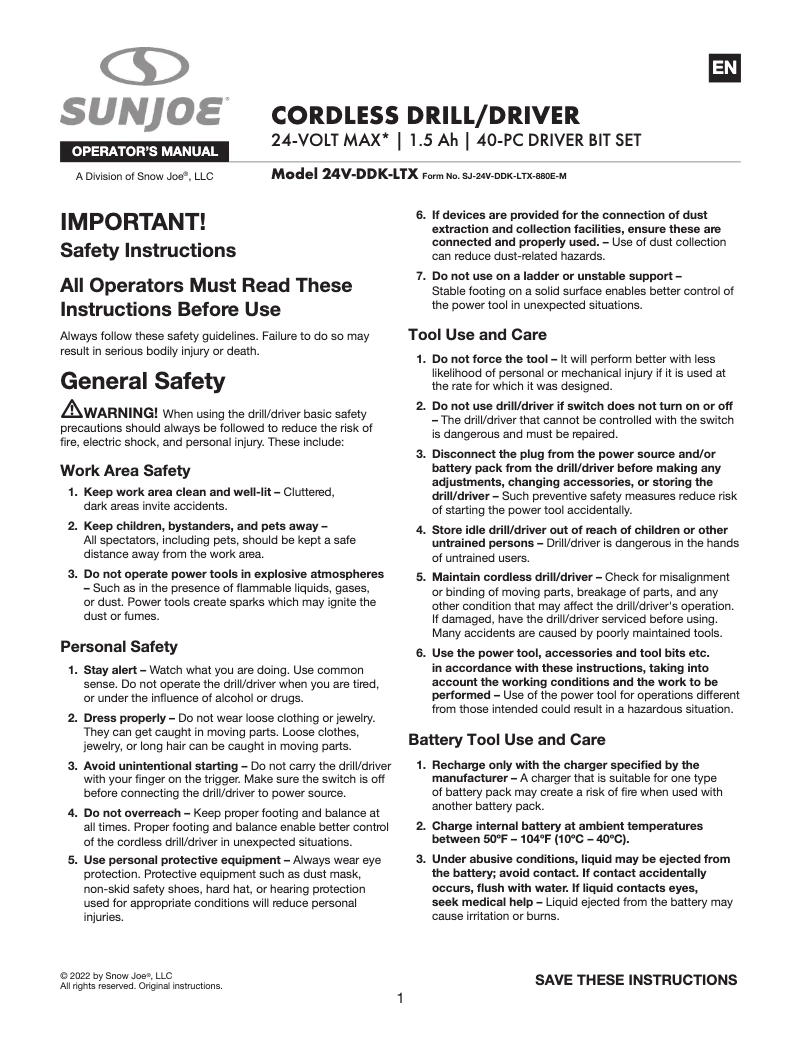 Page 1 of the manual User Manual Sun Joe 24V-DDK-LTX