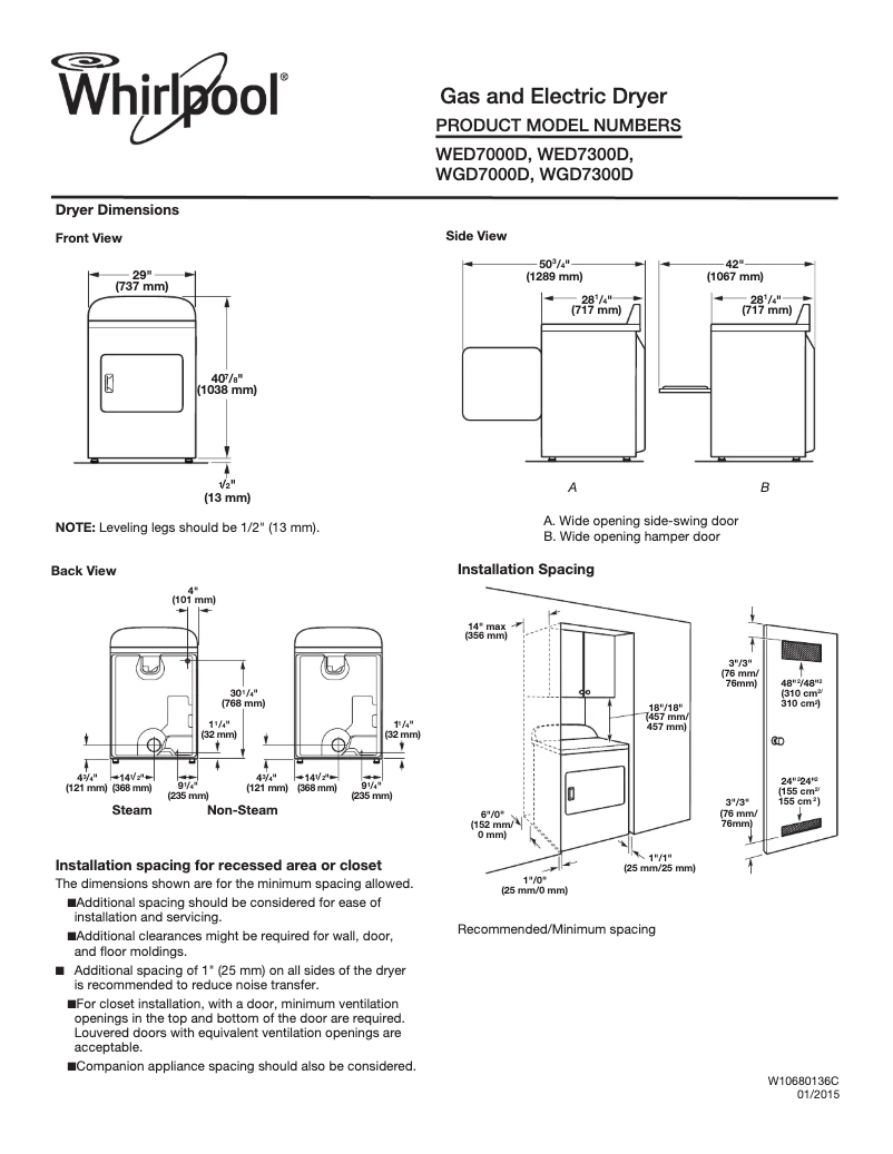 Page 1 of the manual Technical Sheet Whirlpool WED7000D