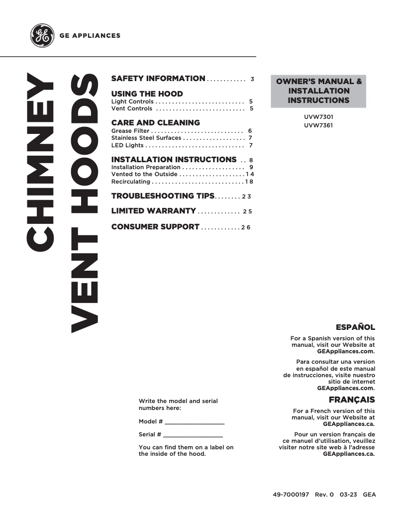 First page image of the manual for UVW7361SWSS