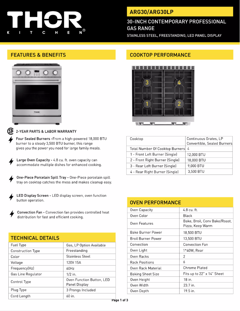 Page 1 of the manual Technical Sheet Thor ARG30