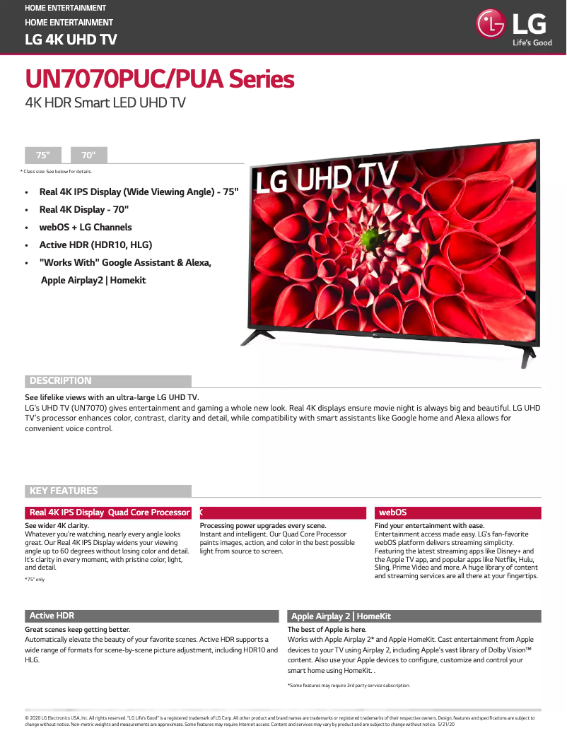 Page 1 of the manual Technical Sheet LG 70UN7070PUA