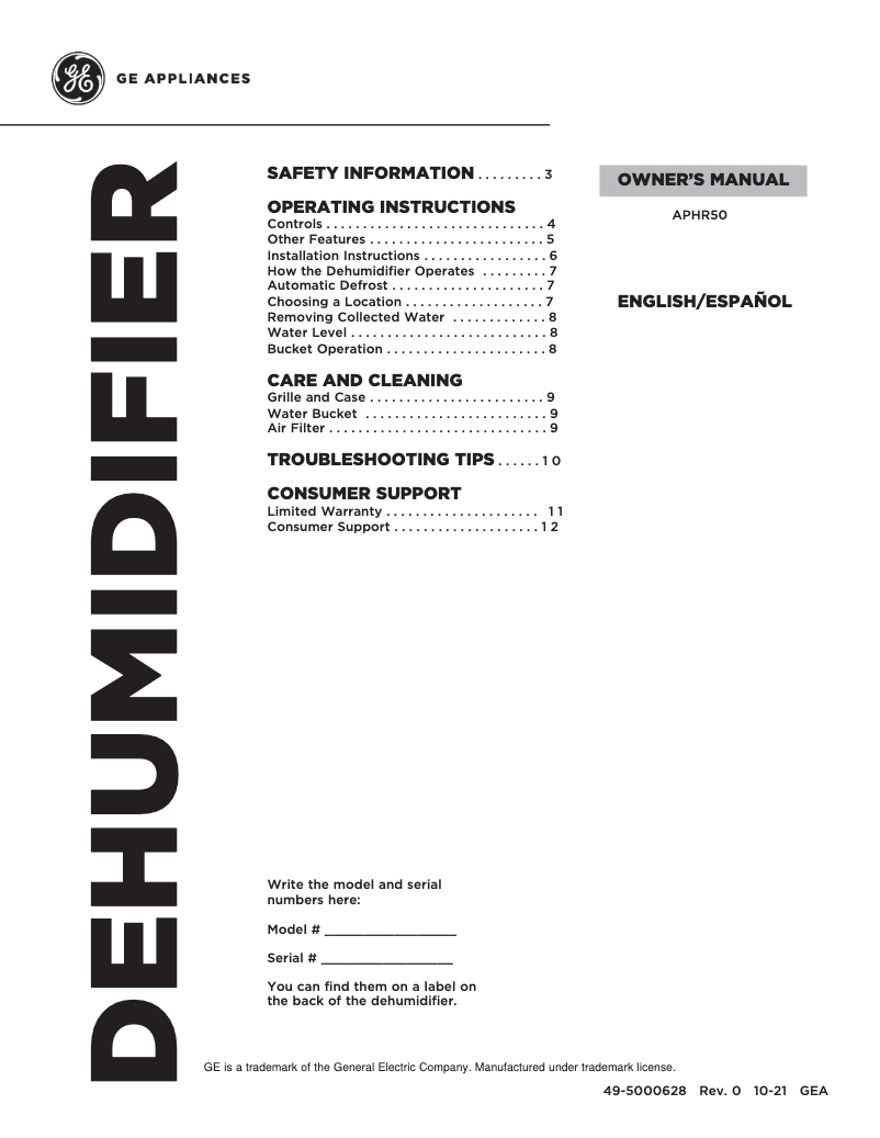 Page 1 of the manual User Manual GE APHR50LB