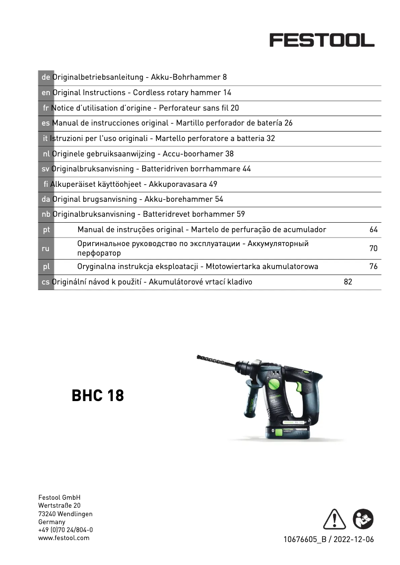 Page 1 of the manual User Manual Festool BHC 18