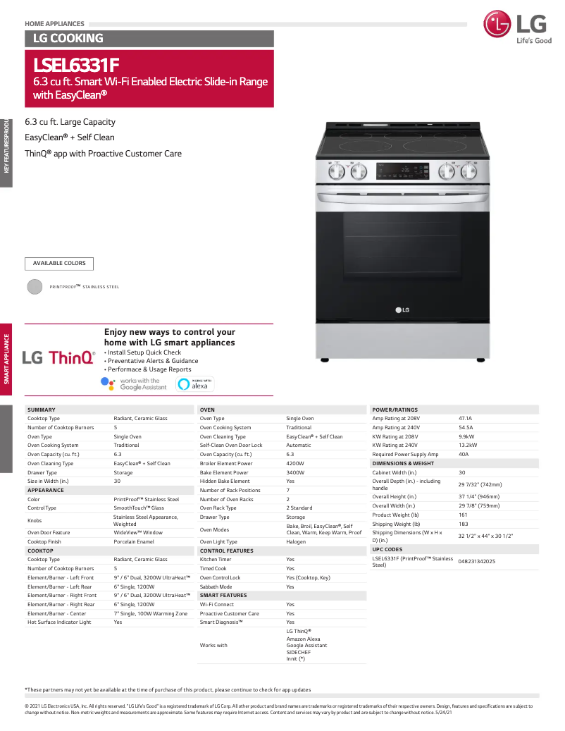 Page 1 of the manual Technical Sheet LG LSEL6331F