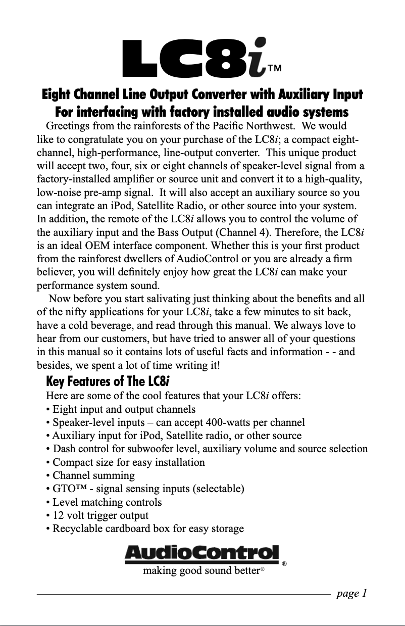 Page 1 of the manual Technical Sheet AudioControl LC8i