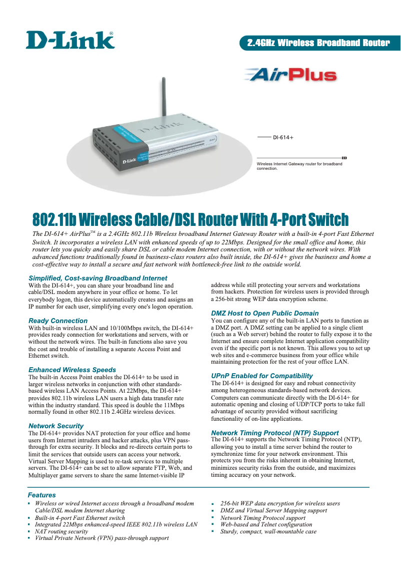 Page 1 of the manual Technical Sheet D-Link DI-614