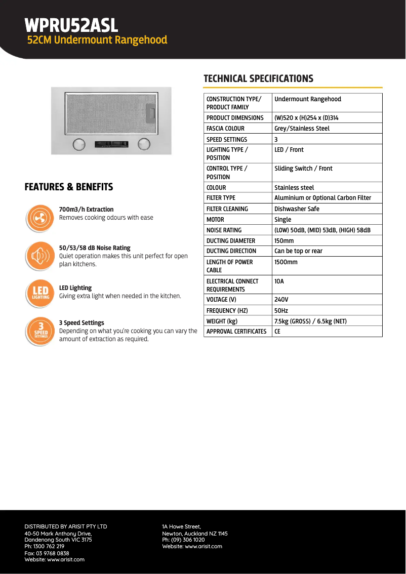 Page 1 of the manual Technical Sheet Tisira WPRU52ASL