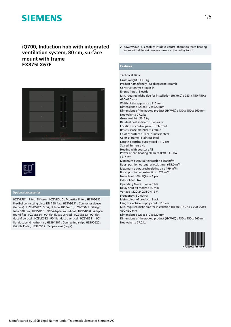 First page image of the manual for iQ700 EX875LX67E