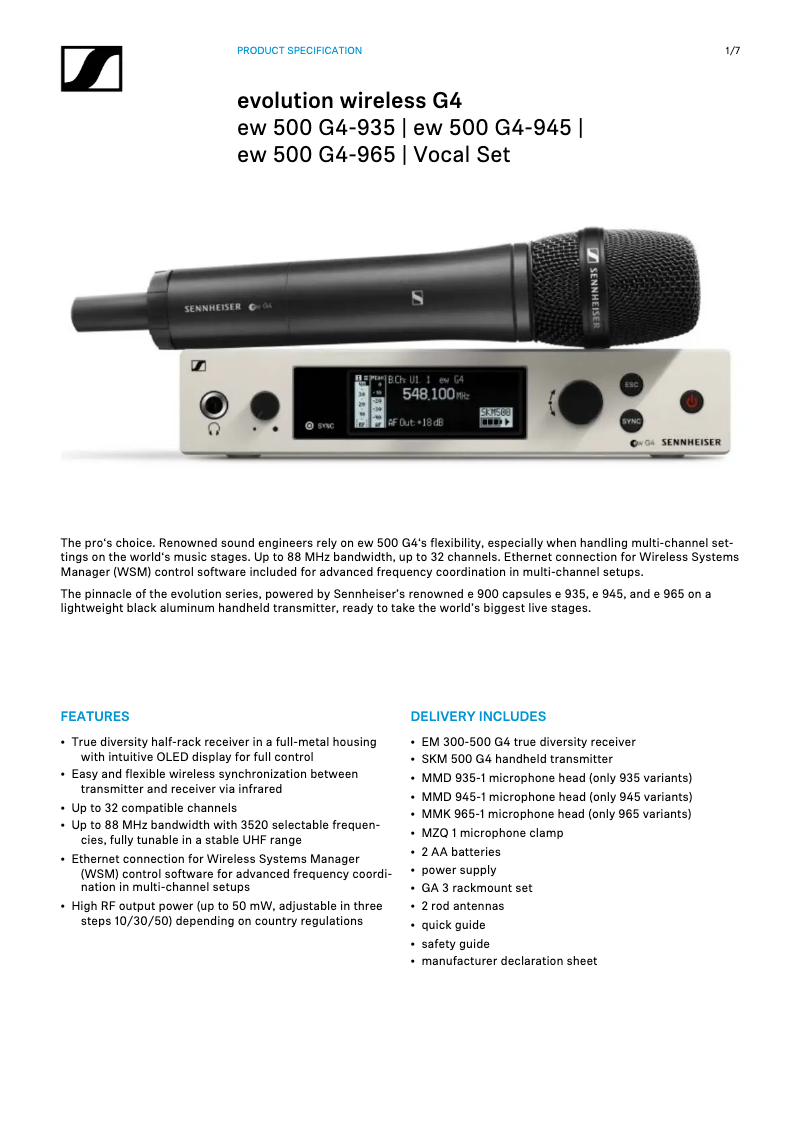 Page 1 of the manual Technical Sheet Sennheiser SKM 500 G4