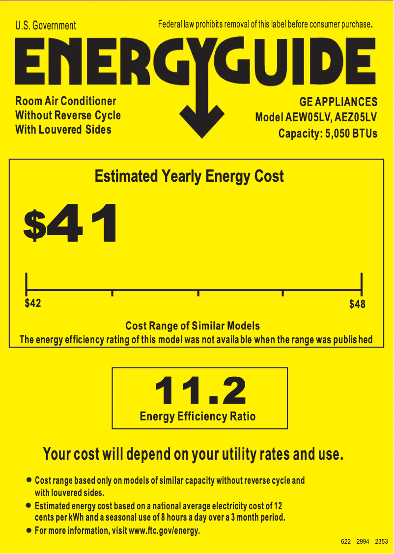 Page 1 of the manual Energy Label GE AEW05LV