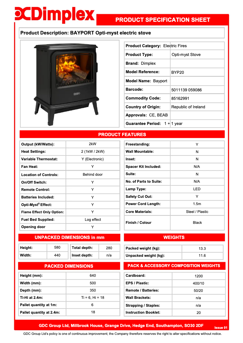 Page 1 of the manual Technical Sheet Dimplex BYP20