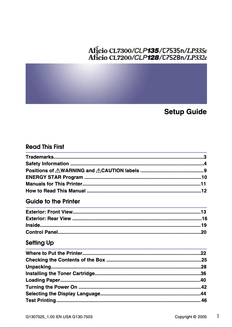 First page image of the manual for Aficio CL7200