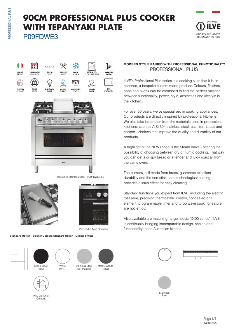 Page 1 of the manual Technical Sheet Ilve P09FDWE3SS