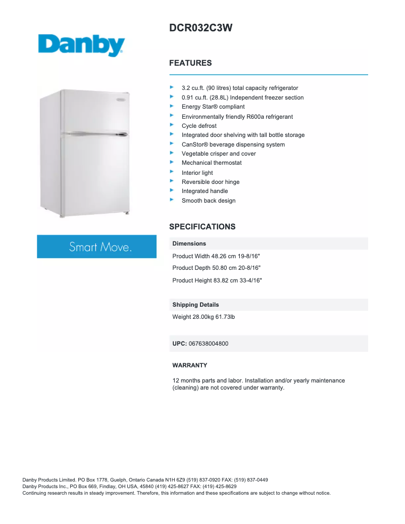 Page 1 of the manual Technical Sheet Danby DCR032C3