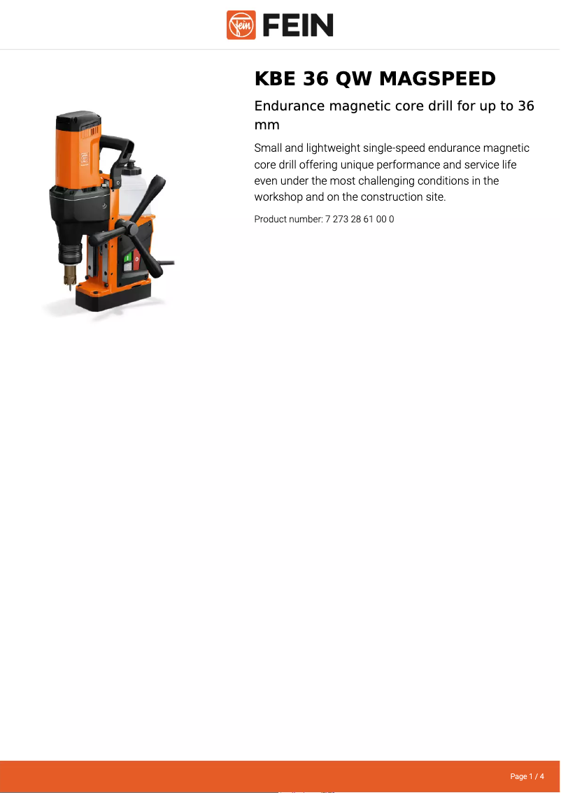 Page 1 of the manual Technical Sheet Fein KBE 36 QW MAGSPEED