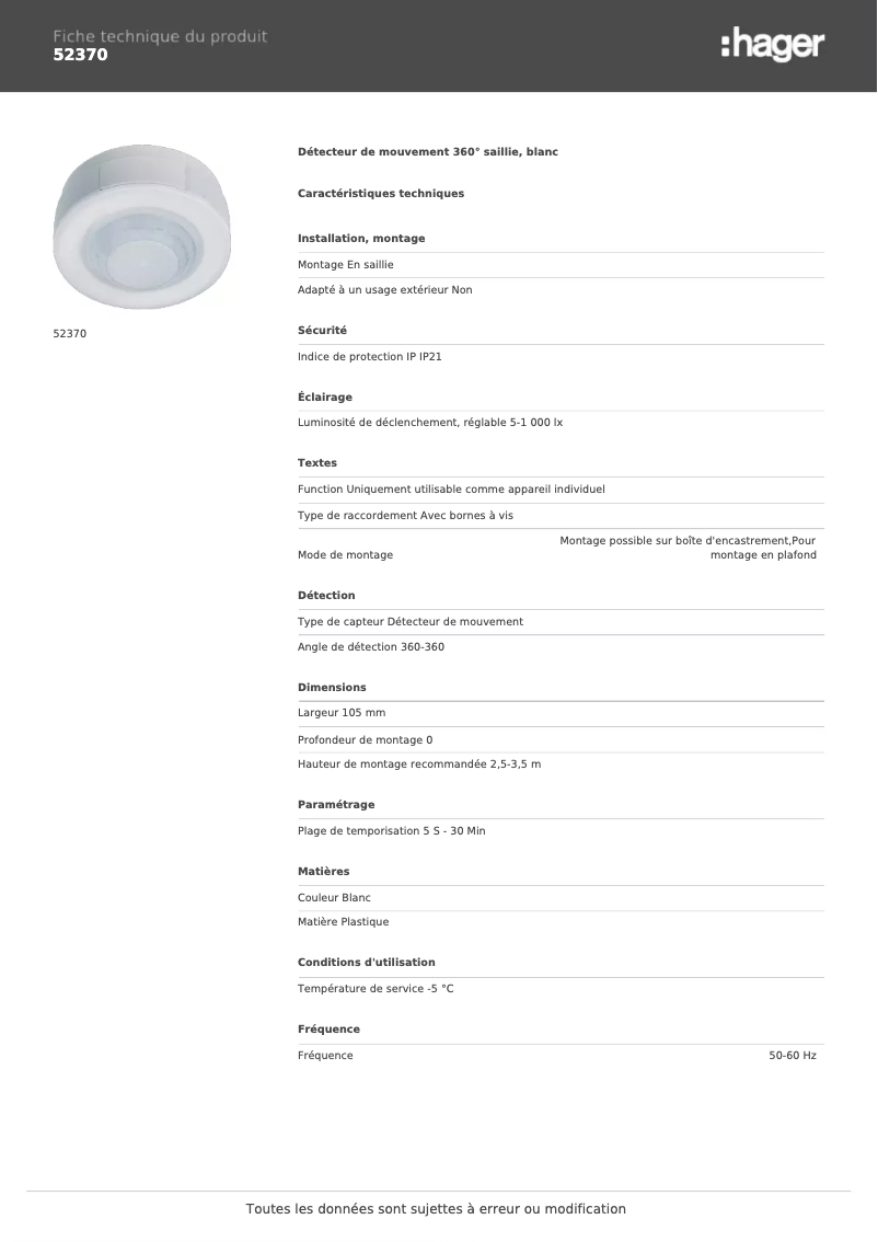 Page 1 of the manual Technical Sheet Hager 52370