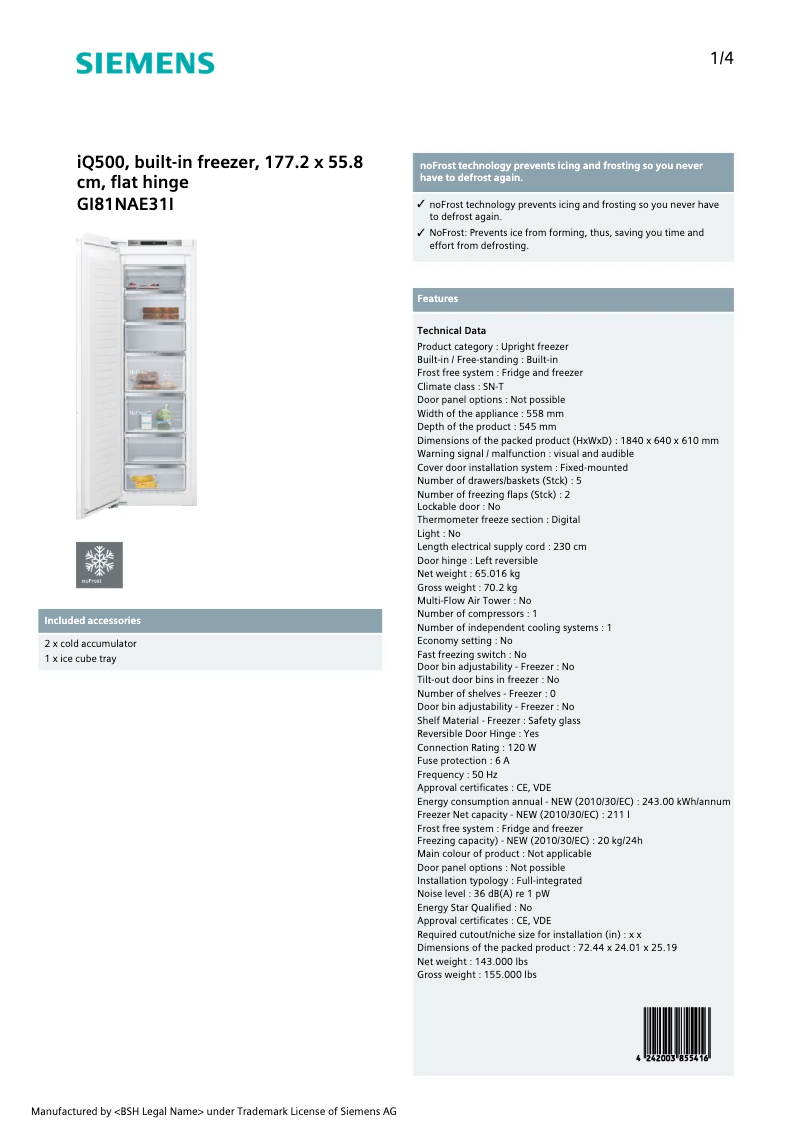Page 1 of the manual Technical Sheet Siemens GI81NAE31I