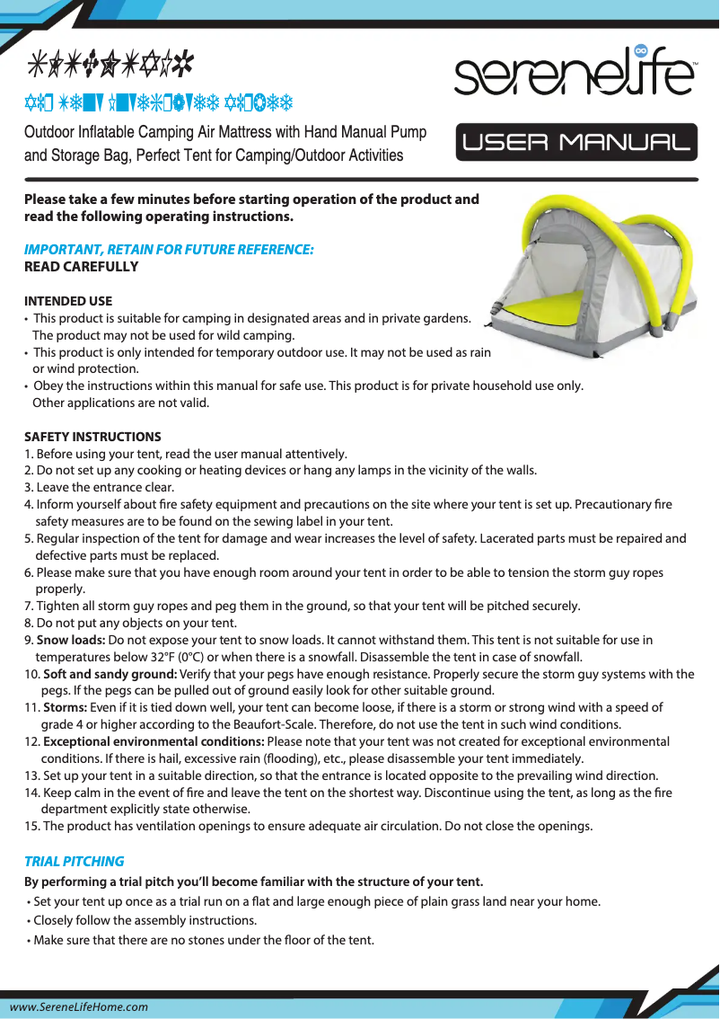 Page 1 de la notice Manuel utilisateur SereneLife SLTENTAIR
