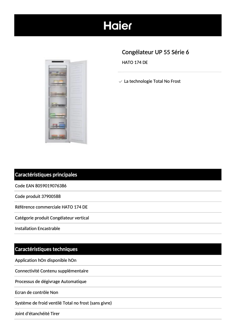 Page 1 of the manual Technical Sheet Haier HATO 174 DE