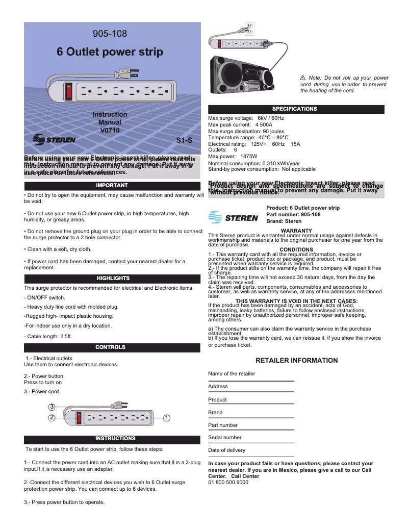Page 1 of the manual User Manual Steren 905-108