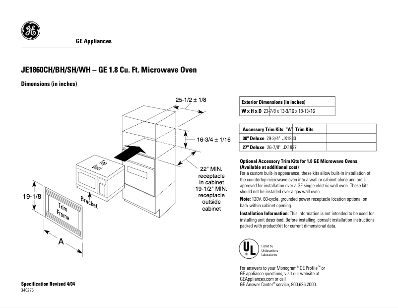First page image of the manual for JE1860WH