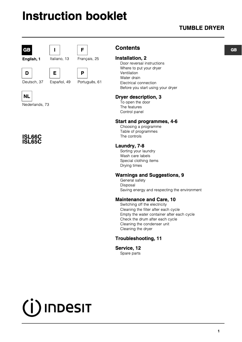 Page 1 of the manual User Manual Indesit ISL 65 C
