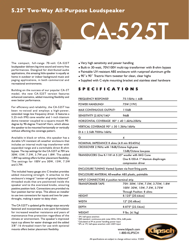 Page 1 of the manual Technical Sheet Klipsch CA-525T