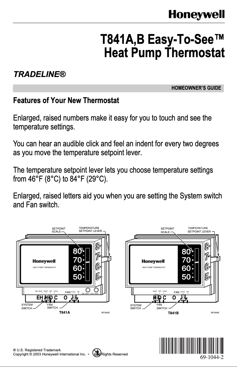 Page 1 of the manual User Manual Honeywell T841B