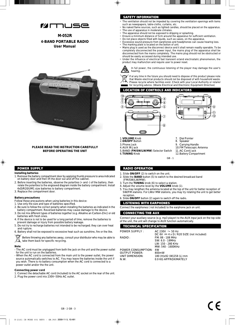 Page 1 de la notice Manuel utilisateur Muse M-052R